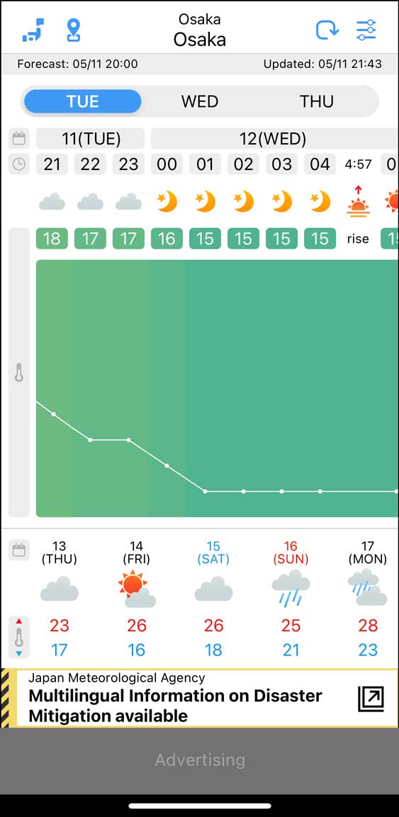 Screenshot of the iPhone version of the WeatherJapan app, available for iOS and Android.