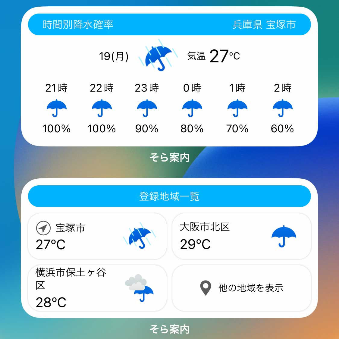 iOS 16対応で追加されたそら案内のホーム画面ウィジェット（1時間毎の降水確率と登録地域一覧の天気予報）