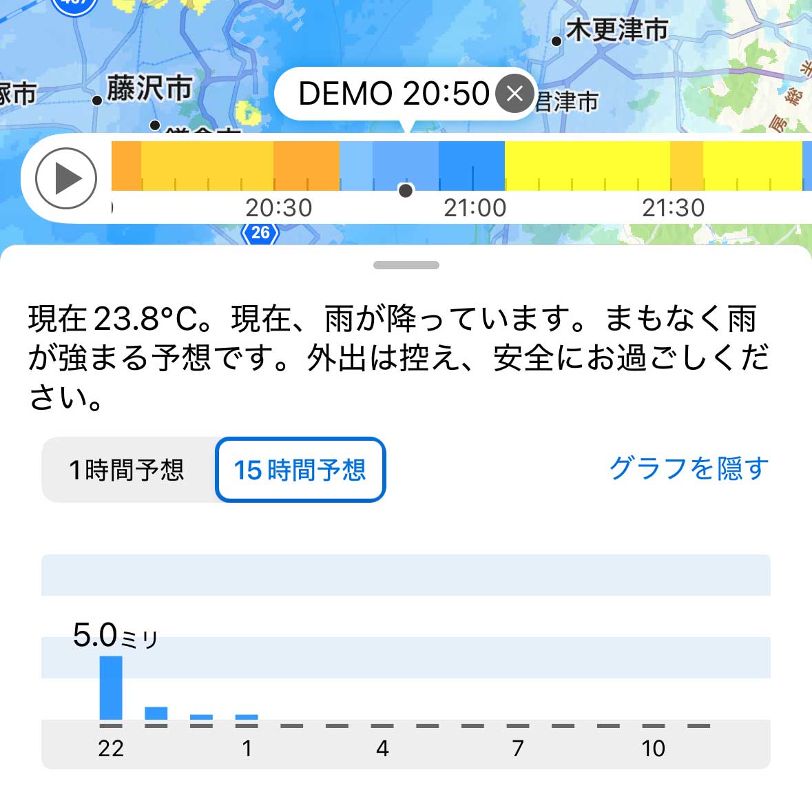 アメミルiOS版アップデートで追加された15時間先までの雨量グラフとAIコメント