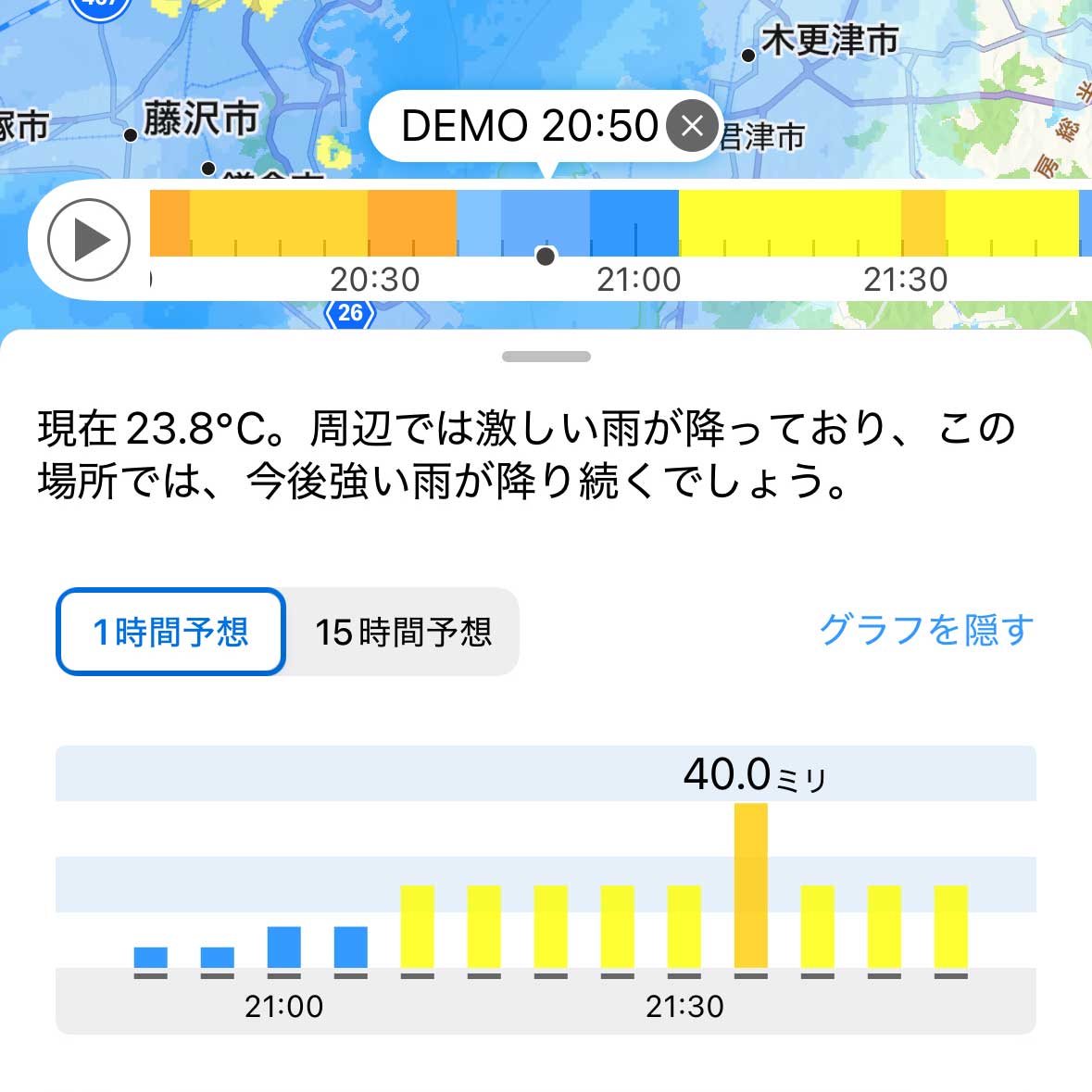 アメミルiOS版アップデートで追加された1時間先までの雨量グラフとAIコメント