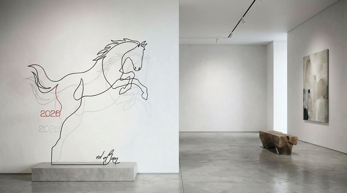 2026年の干支(馬)をモチーフにしたワイヤーアートがギャラリーに展示されている画像